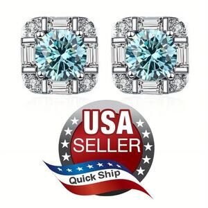 Light Blue Round Moissanite 925 Silver Stud Earrings • CZ Baguettes • GVA Report